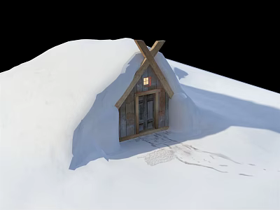 Snow Covered Log Cabin With Lit Window In Winter Snowy Landscape 3d model