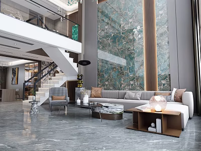 Duplex Living Room Interior With Staircase Sofa Coffee Table And Marble Feature Wall 3d model