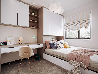 Tatami Bedroom Interior Design With Bed Pillows Blanket Desk And White Cabinets 3d model