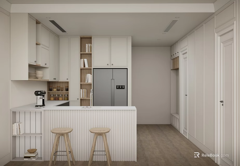 Modern Kitchen Interior Design With White Cabinets Island Counter Coffee Maker And Stools 3d model