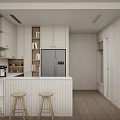 Modern Kitchen Interior Design With White Cabinets Island Counter Coffee Maker And Stools 3d model