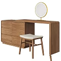Modern Minimalist Wooden Dressing Table With Round Mirror Stool And Drawers