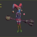 Game Movie Character In Pink Outfit With Red Jester Hat And Large Broom