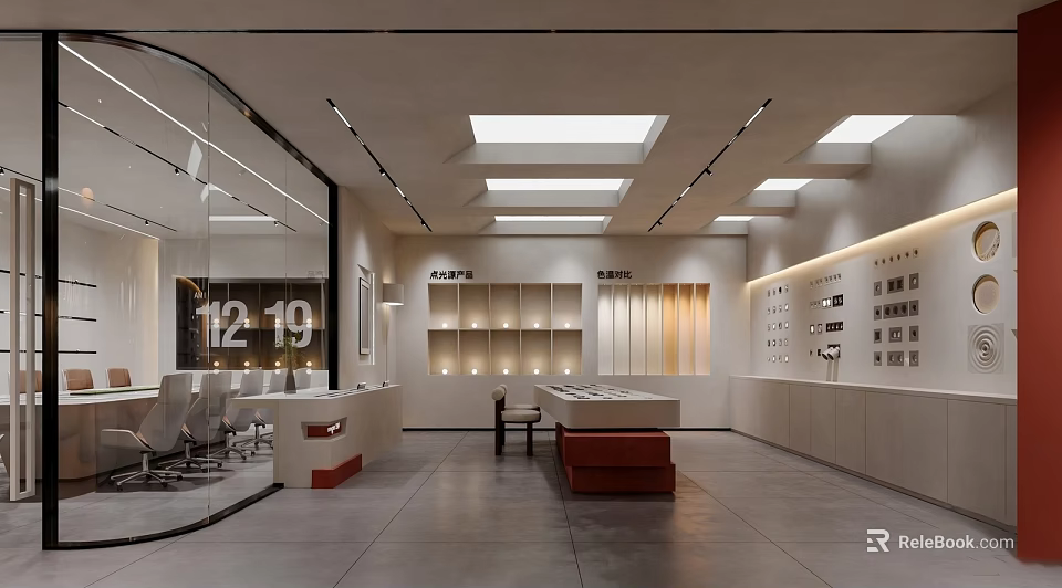 Modern Retail Store Interior With Display Shelves Lighting And Seating Area 3d model 