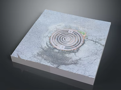 Square Display Panel with Manhole Cover Design Cracked Surface and Gray Textured Finish 3d model