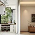 Modern Living and Dining Room Interior With Beige Sofa Wooden Cabinetry Decorative Paintings And Chandelier