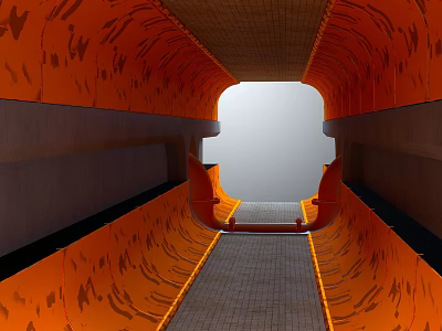 Elevator Hallway With Modern Design Orange Textured Walls Gray Tiled Floor And Natural Light 3d model