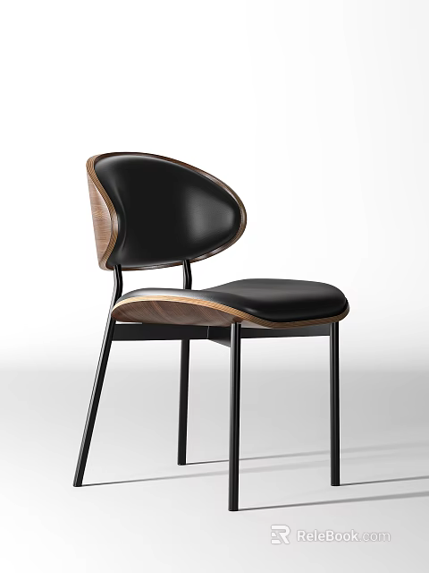 Sleek Modern Leisure Chair Featuring Black Leather Upholstery Walnut Backrest And Metal Legs 3d model 