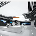 Modern Hi tech Exhibition Hall With White Display Platforms Mechanical Equipment Screens And Lighting Design