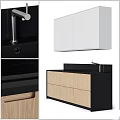 Modern Kitchen Cabinets With White Upper Units Wooden Lower And Black Countertop Sink Faucet