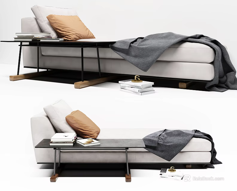 Modern Light Colored Lounge Chair With Brown Pillow Gray Blanket And Side Table With Books 3d model 