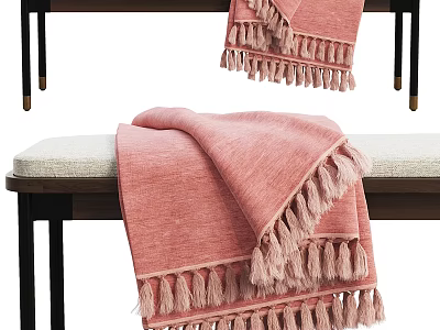 Cozy Modern Sofa Bench With Soft Pink Fringed Blanket And Wooden Legs 3d model