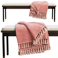 Cozy Modern Sofa Bench With Soft Pink Fringed Blanket And Wooden Legs