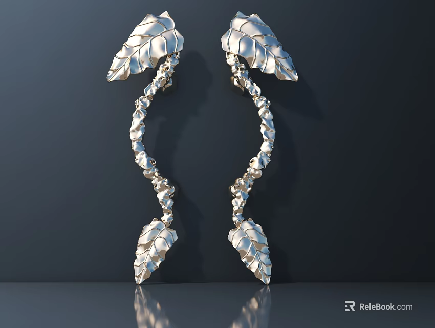 Silver Metal Door Handle With Leaf Shaped Vine Design And Shiny Surface Symmetrical Pair 3d model