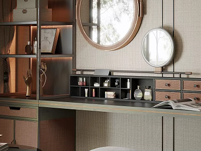 Modern Dressing Table With Round Mirror Open Shelves Drawers And Decorative Perfume Bottles 3d model