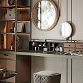 Modern Dressing Table With Round Mirror Open Shelves Drawers And Decorative Perfume Bottles