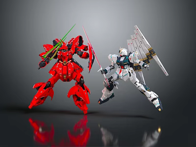 Red and White Gundam Mecha Models in Dynamic Action Poses with Weapons and Armor 3d model