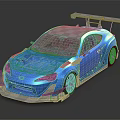 Blue Sports Car With Black Rear Wing Gold Wheels And Sporty Body Kit