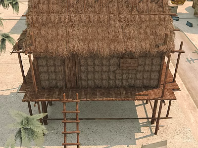 Traditional Thatched House With Thatched Roof Wooden Stilts Ladder And Palm Trees 3d model