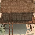 Traditional Thatched House With Thatched Roof Wooden Stilts Ladder And Palm Trees