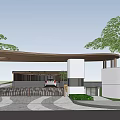 Modern Entrance Gate Design With Curved Roof Trees And White Architectural Structures