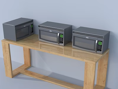 Three Modern Microwaves With Digital Display As Kitchen Appliances On Wooden Table 3d model