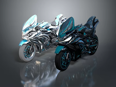 Futuristic Metallic Motorcycles With Sleek Design Transparent Windshields And Reflective Surfaces 3d model