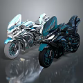 Futuristic Metallic Motorcycles With Sleek Design Transparent Windshields And Reflective Surfaces