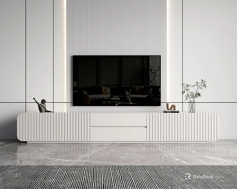 Modern White TV Stand With Vertical Striped Wall TV And Decorations 3d model 