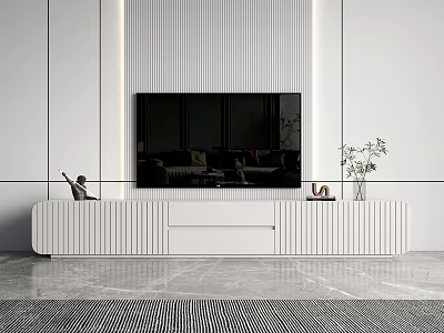 Modern White TV Stand With Vertical Striped Wall TV And Decorations 3d model