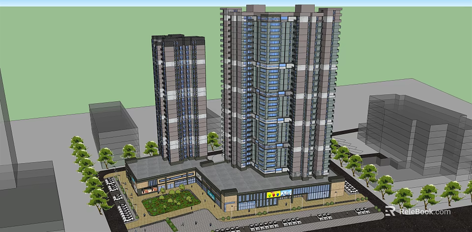 Commercial Complex Featuring High Rise Towers and Low Rise Retail with Greenery and Parking Spaces 3d model 
