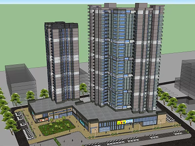 Commercial Complex Featuring High Rise Towers and Low Rise Retail with Greenery and Parking Spaces 3d model