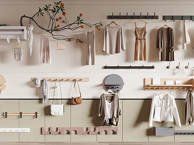 Stylish Wall Mounted Clothes Display In Neutral Tones With Storage Solutions 3d model