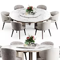 Elegant Round Marble Dining Table Set With Gray Chairs And Flower Decorations 3d model