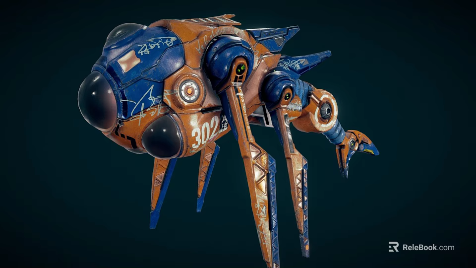 Orange Blue Mechanical Equipment With Multiple Legs Circular Components And Decorative Details 3d model 