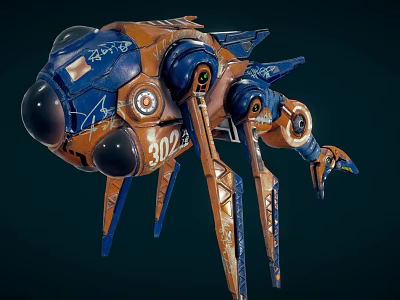 Orange Blue Mechanical Equipment With Multiple Legs Circular Components And Decorative Details 3d model