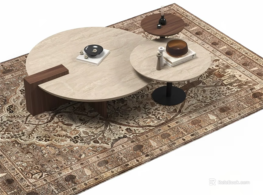 Vintage Style Decorative Rug With Intricate Pattern And Round Coffee Table 3d model