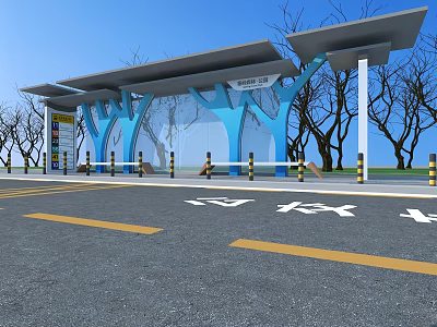 Modern Bus Stop With Blue Roof Structure And Road Markings Near Trees 3d model