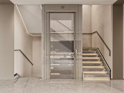 Modern Elevator With Glass Door And Marble Staircase In Interior Space 3d model