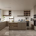 Modern Open Concept Kitchen Interior With Island Counter Cabinets And Appliances