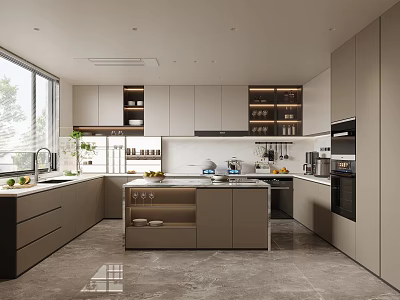 Modern Open Concept Kitchen Interior With Island Counter Cabinets And Appliances 3d model