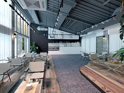 Modern Café Interior With Large Windows Dark Ceiling Green Plants Wooden Floors And Seating Areas 3d model