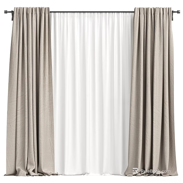 Modern Double Layer Beige Curtains With White Sheer Panels For Home Interior 3d model