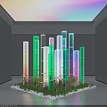 Vibrant Indoor Landscape With Colorful Glass Columns Green Grass And Flower Plants