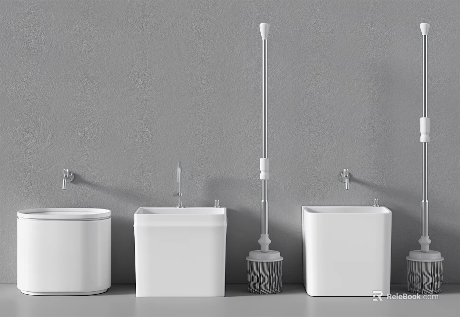 White Toilet Tanks And Brushes Arranged Against Gray Wall Background 3d model 