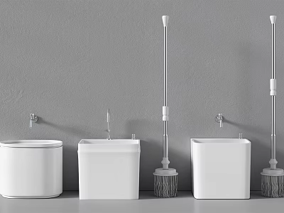 White Toilet Tanks And Brushes Arranged Against Gray Wall Background 3d model