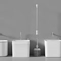 White Toilet Tanks And Brushes Arranged Against Gray Wall Background