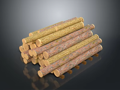 Stacked Natural Wooden Logs With Various Textures And Colors On Dark Background With Reflection 3d model