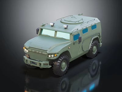 Green Armored Military Vehicle With Off Road Wheels Tinted Windows And Roof Lights 3d model
