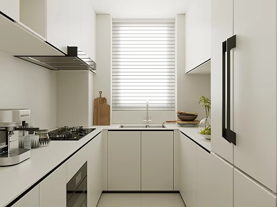 Modern Kitchen Interior With White Cabinets Island Counter Appliances And Window Blinds 3d model